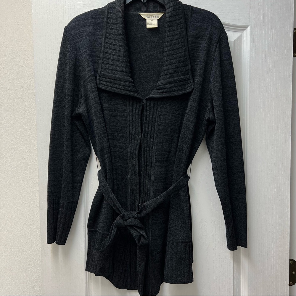 Misook Charcoal Heathered Gray Long Belted Cardigan Sz Med